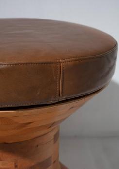 Compasso - Pair of Italian 70s Wood Stools with Leather Cushion