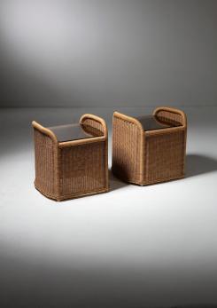 Compasso - Pair of Wicker and Glass Night Stands by Adalberto Dal Lago for Germa