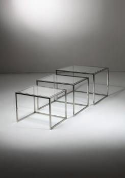 Compasso - Set of Three Steel and Brass Cubic Nesting Tables, Italy, 1970s