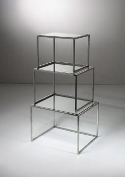 Compasso - Set of Three Steel and Brass Cubic Nesting Tables, Italy, 1970s