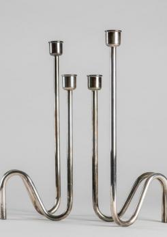 Compasso - Pair of Silver Plated Candleholder by Lino Sabattini